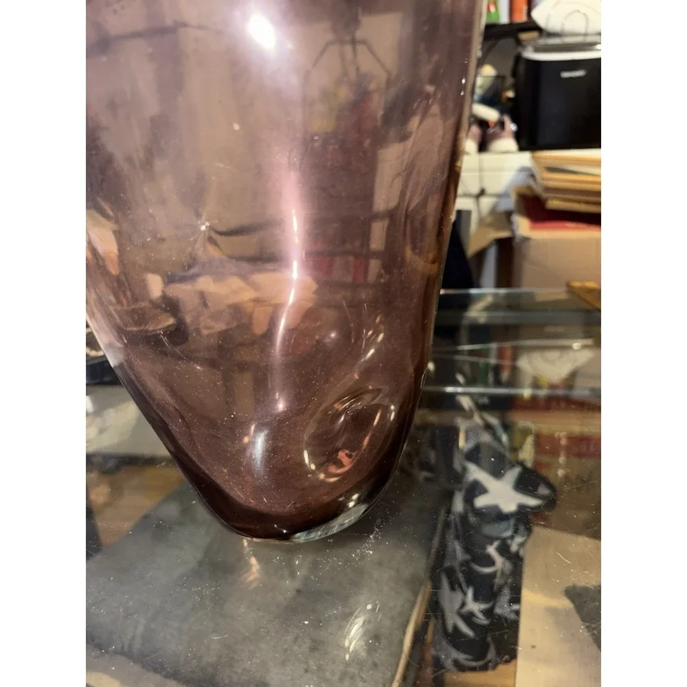 MCM Vintage Amethyst Hand Blown Art Glass 5-Dimpled Huge Floor Vase 15.5